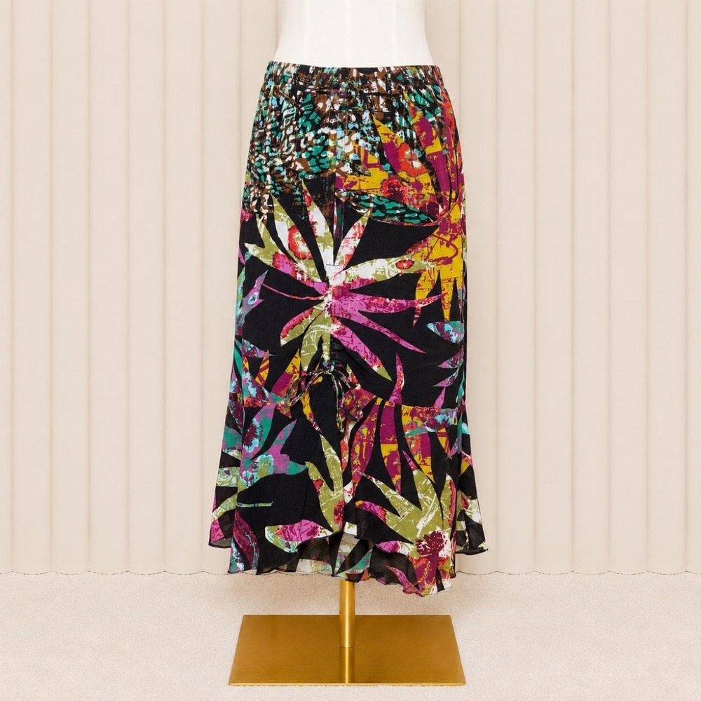 Vintage Y2K Tropical Abstract Ruched Midi Skirt